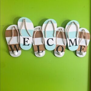 Striped Flip-Flop 'WELCOME' Wall Hooks - Aqua, White & Brown
